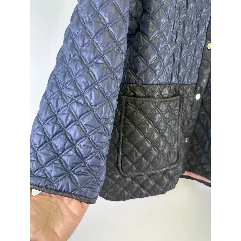 Kate Spade‎ Quilted Color Block Jacket Navy Black Snap Collarless Womens Large